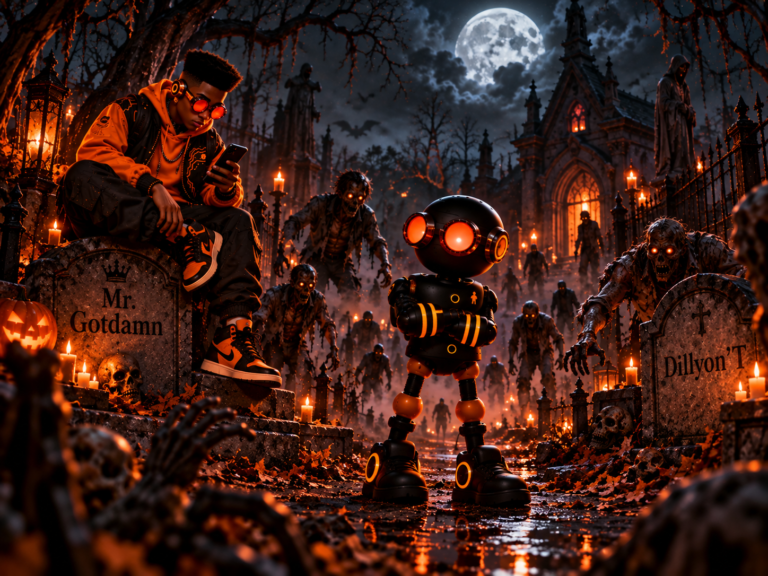 LanoBots artwork featuring Niax — retro-futuristic Halloween poster