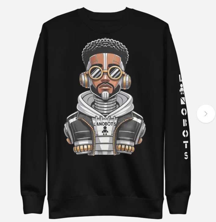 LanoBots apparel — retro-futuristic character art on a black sweatshirt